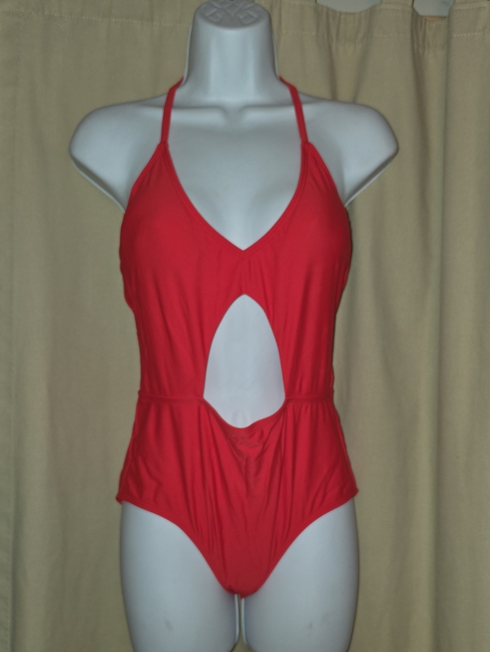 Express Coral Red Halter Cutout One-Piece Swimsuit with V-Neck